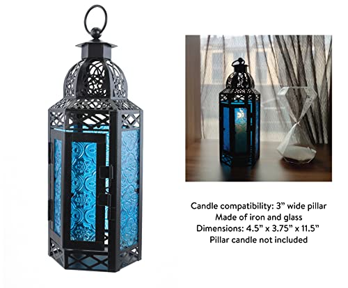 Westville Vintage Candle Lantern - Stained Glass Moroccan Style Glass Lanterns - Moroccan Candle Holder For Home Decor - Christmas Decorations, Wedding Table Centerpiece (Blue, 4.5"X3.75"X11.5") #TOP5