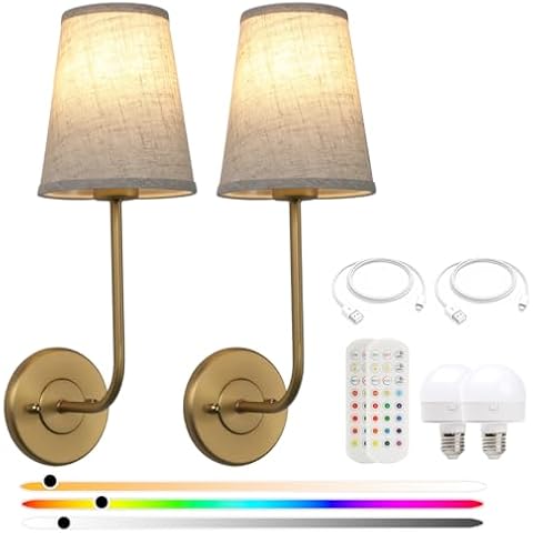 Pathson Rechargeable Battery Operated Wall Sconces Set of 2, Wireless Dimmable Wall Vanity Lights, Linen Fabric Shades, Remote Control Wall Lighting for Bedroom Living Room Includes Bulbs Cover