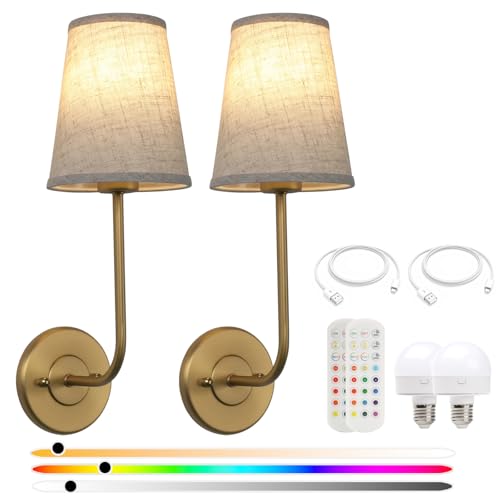 Image of Pathson Rechargeable Battery Operated Wall Sconces Set of 2, Wireless Dimmable Wall Vanity Lights, Linen Fabric Shades, Remote Control Wall Lighting for Bedroom Living Room Includes Bulbs