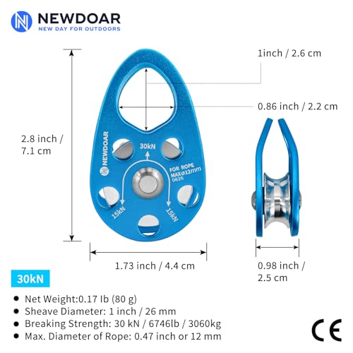 NewDoar Micro Mikro Mobile Seilrolle Umlenkrolle 30KN/6746 lb Mobile Einzelrolle Pulley Flaschenzug für max. 12 mm Seil zum Klettern, Rettungsheben, Anhalterfahren-Blau/2 Stück