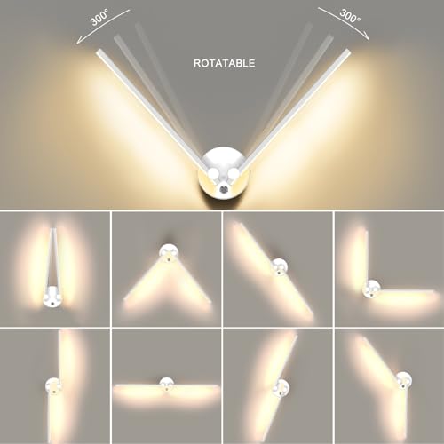 Image of Kawell 12W LED Wall Light Hardwired with Switch 300 Rotatable Arms Modern Sconce Lighting for Living Room Bedroom Hallway Indoor Energy Efficient Fixture, White 3000K