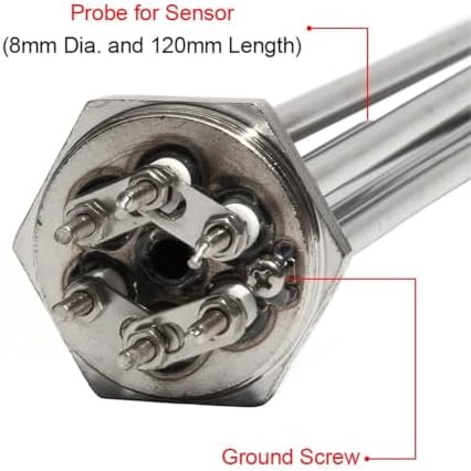 1 1/4Inch DN32 Thread 3U Tubular Immersion Heater with Probe and Ground Screw 3/4.5/6/9/12KW Heating Element with Accessory 1Pcs(Grey,220V_12KW 355MM 304SUS) - 2
