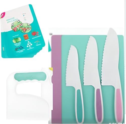 Tovla Jr Kids Safe Knife Set for Real Cooking | Pink and Purple Kid Safe Knives with Patented Toddler Chopper | Montessori Kids Cutting Board and Knife Set | Toddler Kitchen Tools | Gift Ages 4 to 12