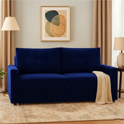 Image of FURNY Soria 2 Seater Pull-Out Premium Fabric Sofa Cum Bed Sofa Set for Living Room (Dark Blue) Premium Velvet Finish | Ideal for Living Rooms, Bedrooms