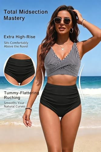 Image of Yonique Women High Waisted 2 Piece Bikini Set Tummy Control Full Coverage | Removable cups, smoothing gathered midsection, figure-flattering front ruching, and a stylish V-neck wrap top