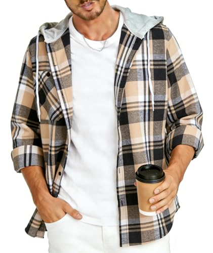 JACKETOWN Men's Plaid Shirts Men's Hoodie Mens Checked Shirt Long Sleeve Shirt with Pocket Button Down Jacket Flannel Shirt Regular Fit 4 Seasons Lumberjack Shirts Blue Beige