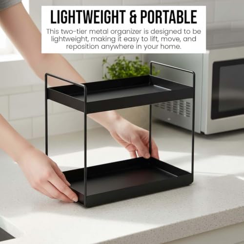 Image of Homeor 2-Tier Metal Countertop Organizer | Heavy Duty Standing Rack for Kitchen Spice Storage & Bathroom Vanity | Multi-Purpose Shelf For Kitchen, Cosmetic & Toiletry Display Shelf, Black