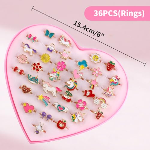 Foydream 36 Stück Kinderringe Mädchen, Schmuck Verstellbare Ringe für Einhorn, Kinderringe Mädchen mit Herzform Vitrine Perfekt für Kinder Geburtstag Party Favors