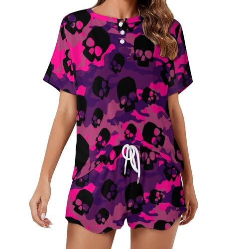 Pyjama femme crâne noir violet short vêtements de nuit été