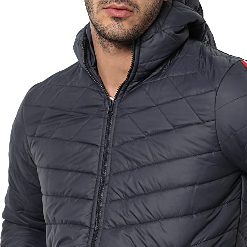 Image of CAHOOT Men's Quilted Puffer Jacket With Contrast Striped Sleeve For Casual Wear | Hood Neck | Long Sleeve | Zip Closure | Polyester Jacket Crafted With Comfort Fit For Everyday Wear