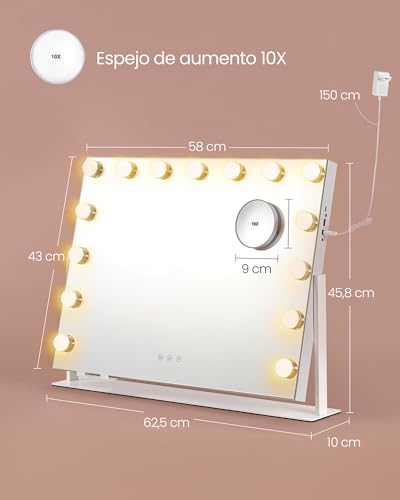 SONGMICS Espejo de Maquillaje con Luz, Control Táctil, 15 Bombillas LED Regulables, Puertos de Carga, Espejo Aumento 10X Desmontable, 3 Temperaturas Color, Soporte Teléfono, Blanco Mate LWM001W02 - imagen 5