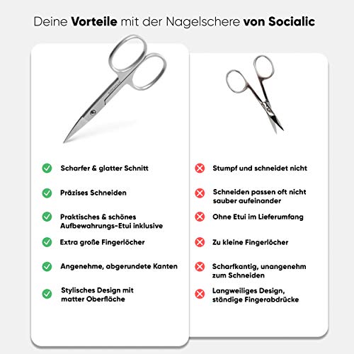 Foto von Socialic® Nagelschere inkl. Etui – Extra scharfe Nagelhautschere aus rostfreiem Edelstahl | Nail Scissors geeignet als Haut-, Fingernagel- und Fußnagelschere | perfekt für Maniküre und Pediküre