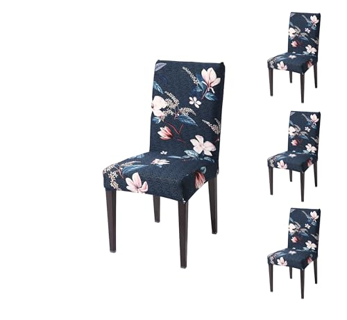 Image of Stretchable Dining Chair Cover - Washable, Removable, Anti-Slip, Protector, Universal Fit (Set of 4, Blue Floral)