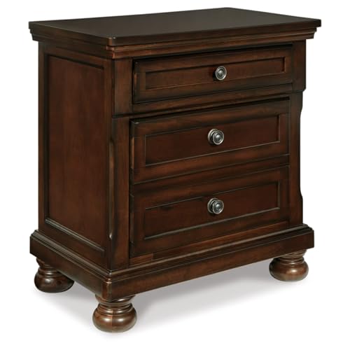 Image of Signature Design by Ashley Porter Traditional Wood Nightstand, Brown | Veneers, wood and engineered wood, 2 smooth-operating drawers, Hidden pull-out tray, Felt bottom, Bun feet