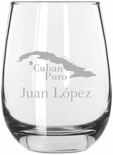 Juan Lopez Copa de vino Libbey sin tallo con temática de cigarros cubanos grabados