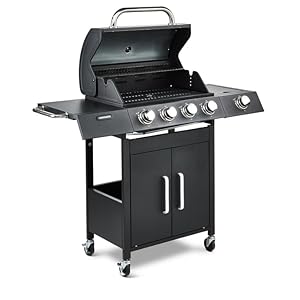 Fire Mountain Cascade 5 Burner Gas BBQ Black with Side Burner Cast Iron Grill Outdoor Barbecue for Garden Patio 61.5 x 37.5cm Cooking Area