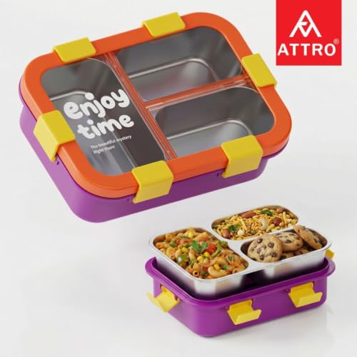 Image of ATTRO JoyBox Steel Lunch Box, 3 Compartment, Stainless Steel Inner Tray, Leakproof Airtight Lid, 4-Side Locks, BPA-Free Food Grade Lunch Box for Kids, School & Office - Purple-750ml