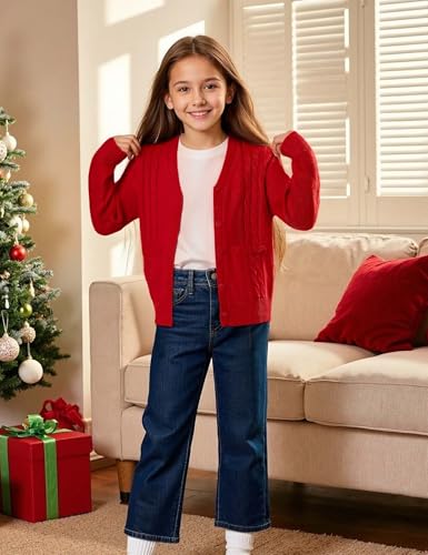 Image of Girls' Cardigan Sweater Long Sleeve Button Down Knit Sweater with Pockets School Uniform Outerwear 4-13 Years