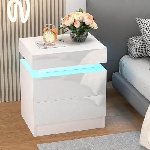Lvhecforhm Nachttisch mit LED-Beleuchtung, Hochglanz Nachttisch Einstellbare Farben, Modern Nachttisch 2 Schubladen, Nachtischschränke 45x35x52cm...
