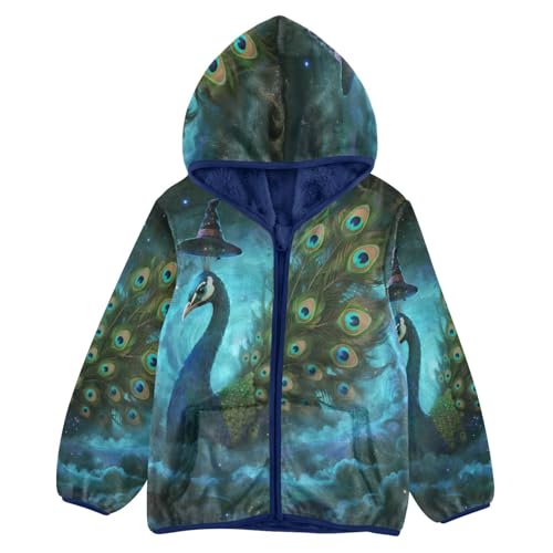 Magical Peacock with Hat Toddler Fleece Jacket Girl Boys Hooded Fleece Jacket Coat Warm Outwear Zip-up 3-10T