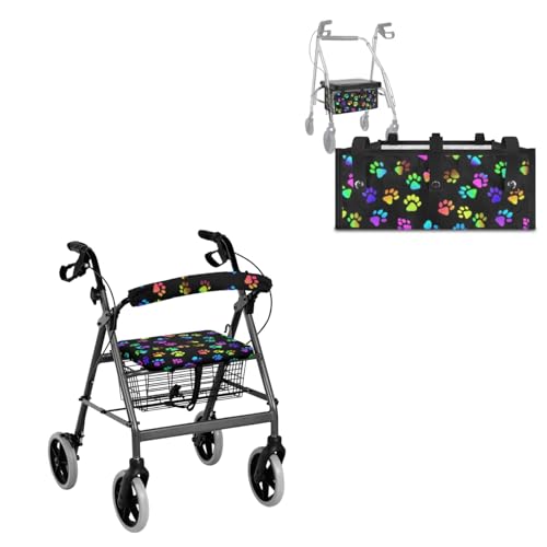 Babrukda Colorful Dog Paws Print Walker Seat Covers for Ladies Rollator Walker Basket for Seniors Rollator Walker Seat and Backrest Covers Reusable Walker Accessories for Folding Walker
