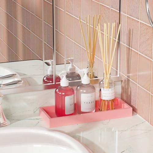 Image of ZHWS Bathroom Vanity Tray for Perfume Decor Toilet Tank Candle Toiletries, Kitchen Tray for Soap Dispenser Spice Salt Coffee, Bamboo Nightstand Tray 11.3 inchx4.4 inch (Pink)