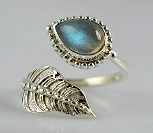 Navya Craft Labradorite Pear 925 Solid Sterling Silver Handmade Women Leaf Adjustable Ring #TOP5