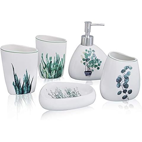 EPFamily White Ceramic Bathroom Accessory Set - Including 5 Piece Soap Dispenser, Toothbrush Holder, 2 Tumbler, Soap Dish with Green Plant Pattern Cover