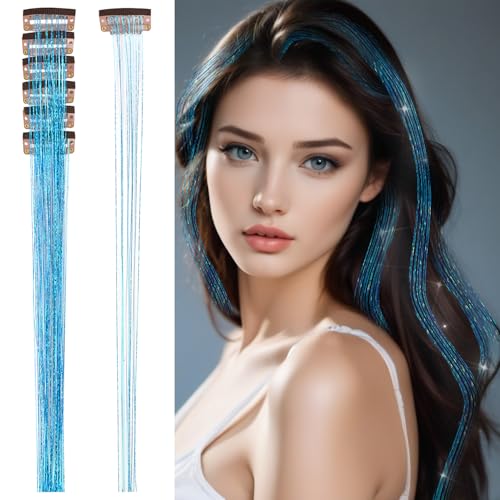 6 Pieces Sky Blue Glitter Hair Tinsel Clip in Extensions 20.5 Inch Shimmer Fairy Hair Accessories (Sky Blue)