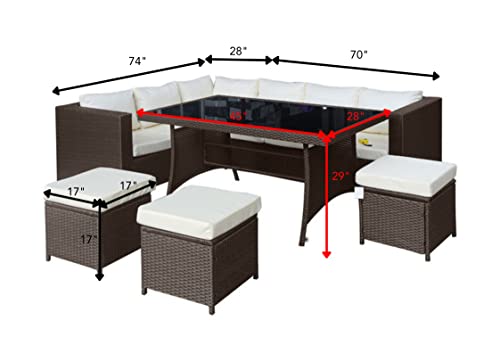 Image of DEVOKO Outdoor Wicker L-Shape Conversation Patio Furniture Set with Dining Table, Chairs, and Ottoman for Pool, Garden, Balcony (Dark Brown & White)