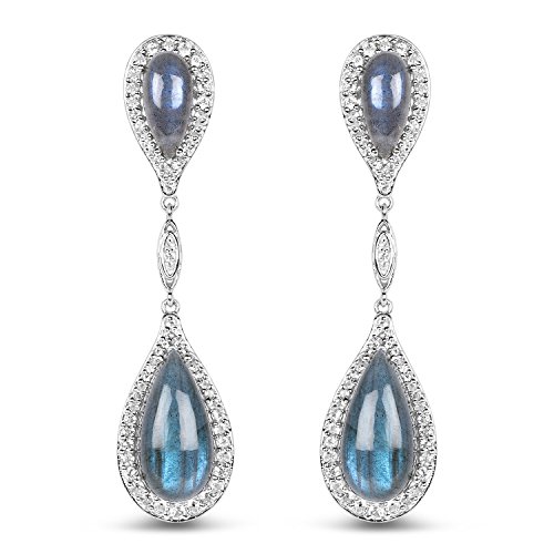 Amazon Collection Genuine Labradorite and White Topaz .925 Sterling Silver Dangle Earrings