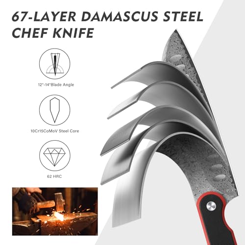 Image of FINTISO Chef Knife 7 Inch Kitchen Knife, Sharp Santoku Knife 67-Layer Damascus Steel with 10Cr15CoMoV Steel Core, Professional Cooking Knife with Ergonomic Full Tang G10 Handle for Chopping Slicing