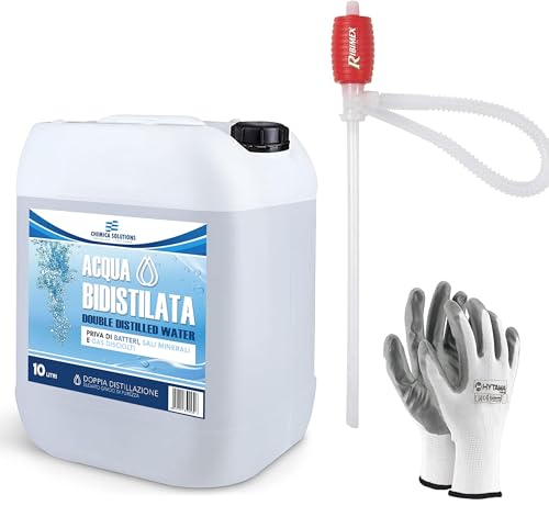CHEMICA SOLUTIONS Agua bidestilada pura para uso industrial y clínico, bidón de 10 litros, destilada dos veces, desmineralizada, fabricado en Italia + bomba manual para trasvase líquidos + guantes de