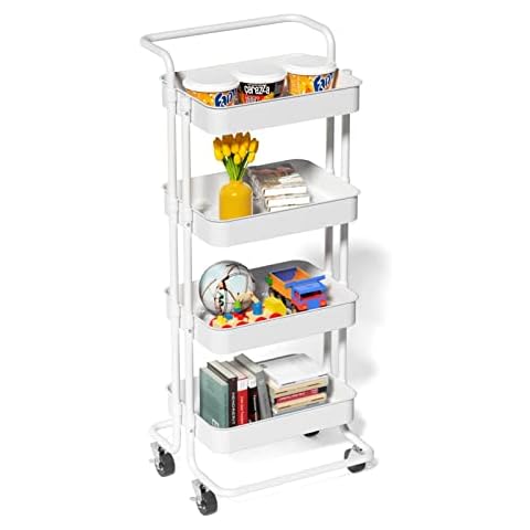 Semounva 4 Tier Rolling Utility Cart with Lockable Wheels, Easy to Assemble Rolling Cart Organizer, Multi-Purpose Storage Cart on Wheels with Mesh Basket for Kitchen, Bathroom, Living Room, Office Cover