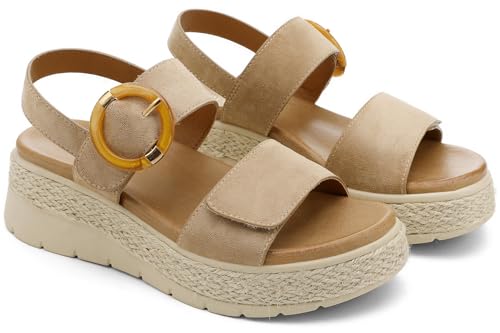 Image of UBFEN Womens Espadrille Platform Sandals Low Wedge Heel - Orthopedic Arch Support, Cushion Insole, Comfortable Dressy Buckle Sandals for Walking and Vacation