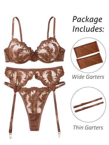 Image of Lilosy Sexy Leaf Floral Embroidered Mesh Sheer Women Underwire Push Up Lingerie Set