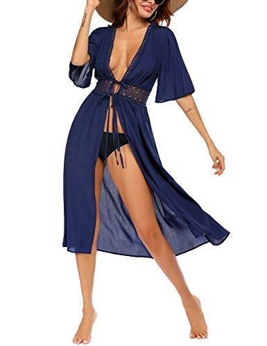 Ekouaer Women's Solid Color Kimono Sheer Long Cardigan Half Sleeve Swimsuit Cover Up Midi Beach Dress