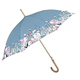 PERLETTI GREEN Paraguas Largo Clásico Mujer Sostenible Automático - Mango de Madera Natural Biodegradable - Paraguas Antiviento Resistente Grande Ecológico Tejido Reciclado (Azul con Flores)