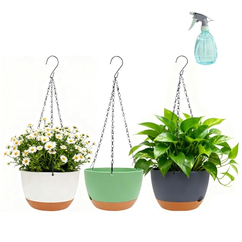 Cafgernt 3 Packs Hanging Planters for Indoor Plants, Self-Watering Hanging Pots with Drainage Hole, Plastic Outdoor Hanging Baskets for Home Garden Porch Plants Balcony Patio Decor