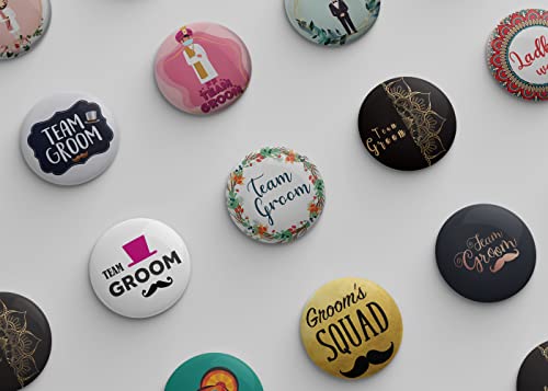 Image of Team Groom badges|Wedding badges (props) for Team Ladkewale and family|Batches for Wedding, Bachelor /Reception Party and Events|Groom squad badge|Multicolo|Size 58mm