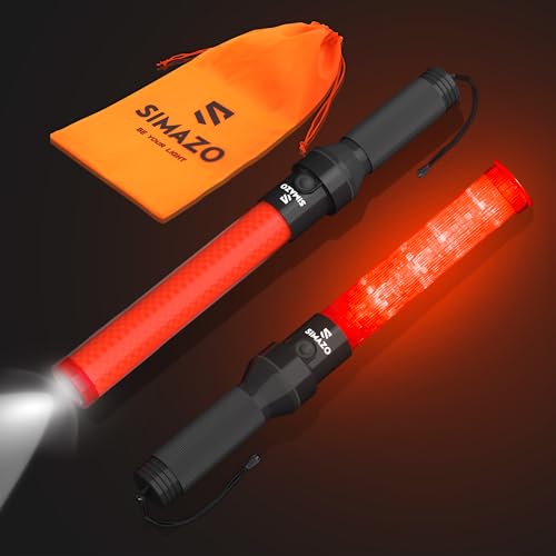 SIMAZO Traffic Wand (2-Pack), 16 Inch Traffic Control Wand with 3 Flashing Modes, Air Marshaling Signal Baton with White LED Light for Car Directing, Air Marshalling, Emergency Signaling