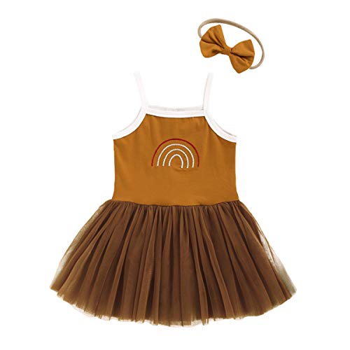 Image of Infant Toddler Baby Girl Rainbow Short Sleeve Strap Dress Off Shoulder Tutu Skirt Summer Clothes