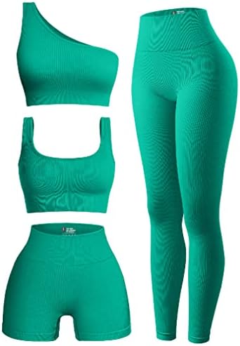 OQQ Women's 4 Piece Ribbed Exercise Scoop Neck Sports One Shoulder High Waist Legging Active Set Shorts Bra Outfit, Green, Medium