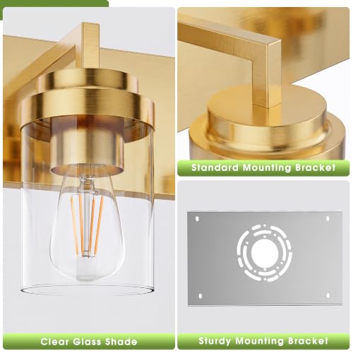 Image of Bathroom Vanity Fixtures, 2 Light Matte Gold Vanity Light with Clear Glass Shade, 15in Farmhouse wall Light, Lighting Fixture Over Mirror for Bathroom