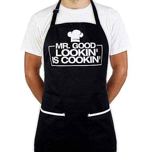 Michiko Apron for Men -Family Interaction Mr Good Looking is Cooking - BBQ Grill Apron for a Husband Dad Boyfriend or Any Friend That Cooks Like a Master Chef with Two Pockets