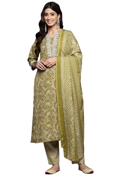 Varanga Women Green Round Neck Printed Yoke Embroidered Kurta With Bottom And Dupatta