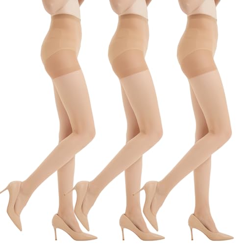 Image of oeat 3 Pairs Women's Sheer Tights - 20D Balck Tights Non Rip Control Top Pantyhose for Reinforced Toes