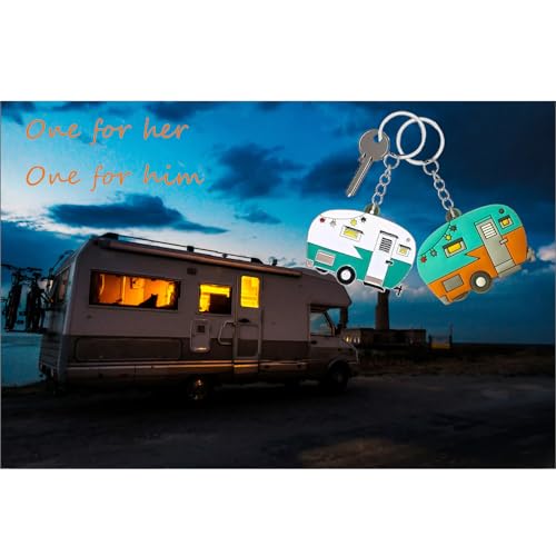 TrustBlai 2 Pack Camper Keychain Set Happy RV Camper Keyring Couples Camping Accessories for Men Women Travel Trailers (Green+Orange) - Thumbnail 5