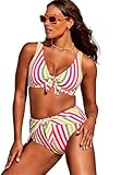 Swimsuits For All Women's Cup Sized Tie Front Underwire Bikini Top - 26 E/F, Fruit Stripe (Plus