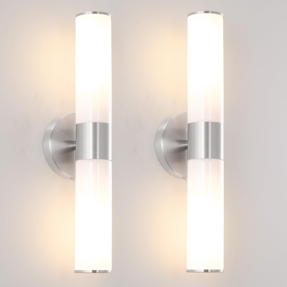 Brushed Nickel Wall Sconces Set of 2, Modern Bathroom Sconces with Mikly White Glass, Sconces Wall Decor Set of Two, Vanity Light Fixture over Mirror, Hardwired Wall Mount Lamps for Bedroom Hallway